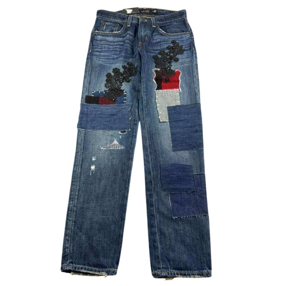 Lauren Ralph Lauren Jeans Women 00 Relaxed Taper Patchwork Blue Plaid Lace Denim - Picture 1 of 11